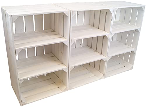 Kistenkolli Altes Land hohe Holzkiste Willi mit Zwei Zwischenbrettern 68x40x30cm HxBxT Schuhregal Bücherregal Nachttisch Weinregal (3er Set, Weiss) von Kistenkolli Altes Land