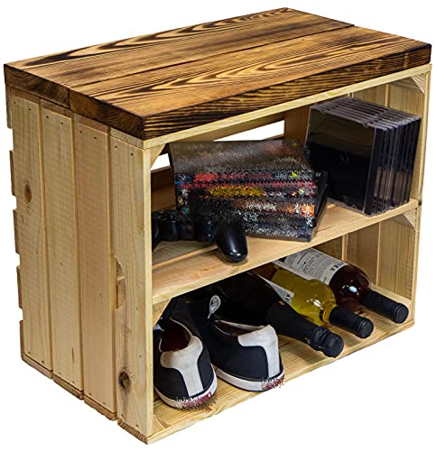 Kistenkolli Altes Land Sitzkiste Johanna Obstkiste und massiven Holzplanken Schuhablage Schuhkommode Hocker Sitzbank Holzbank Regalkiste aus Holz Maße 50 x 29 x 43cm L x T x H (Natur/geflammt) von Kistenkolli Altes Land