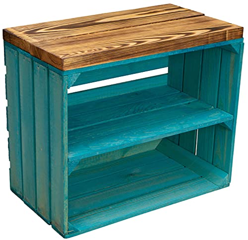 Kistenkolli Altes Land Sitzkiste Johanna Obstkiste und massiven Holzplanken Schuhablage Schuhkommode Hocker Sitzbank Holzbank Regalkiste aus Holz Maße 50 x 29 x 43cm L x T x H (Türkis/geflammt) von Kistenkolli Altes Land