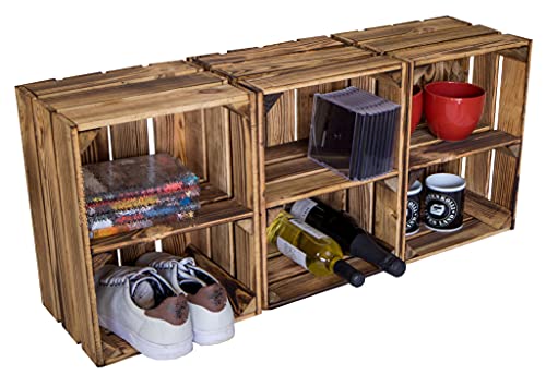 Vintage Kisten geflammt 50x40x29cm / 40x30x25cm Deko & Möbelkisten Wohnwand Obstkisten Weinkisten Optik DIY Upcycling (3er Set 40 x 30 x 25 mit Querbrett) von Kistenkolli Altes Land