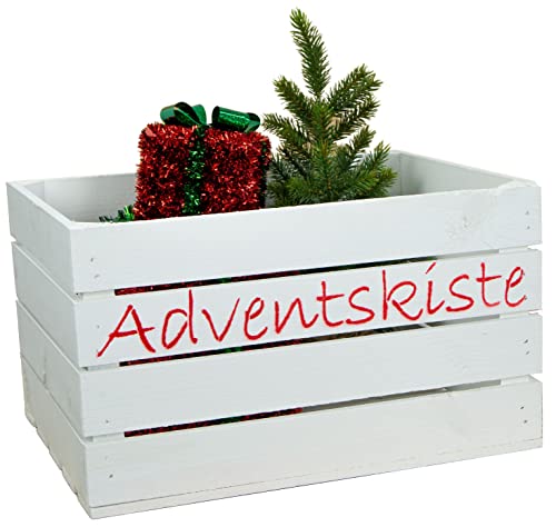 Kistenkolli Altes Land geflammte Adventskiste Weihnachtskiste mit Aufschrift Obstkiste Weinkiste Weihnachtsdeko Adventskalender (Weiss mit roter Aufschrift, L 50 x 40 x 29cm) von Kistenkolli Altes Land