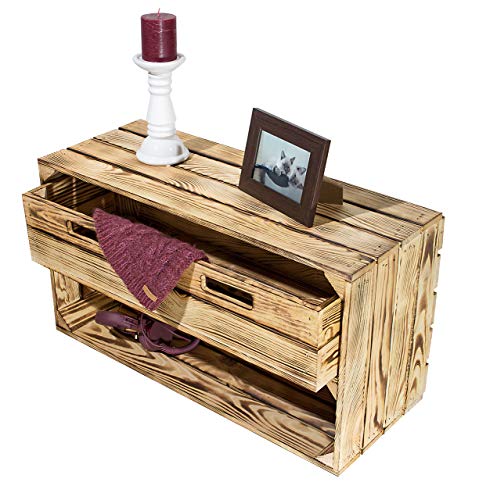 grosse Obstkiste "TOSCA" weiß / natur / geflammt mit langem Einlageboden / Zwischenbrett ca 68x40x30cm/ Regalkiste Apfelkiste / Weinkisten Ablageregal Aufbewahrungskiste (Geflammt mit Schublade) von Kistenkolli Altes Land