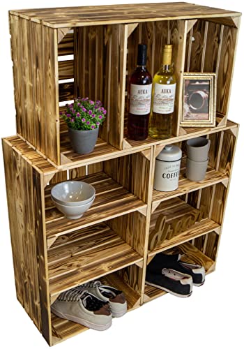 hohe Holzkiste "Willi" mit zwei kurzen Einlageböden / Zwischenbrettern 68x40x30cm HxBxT Schuhregal Bücherregal Nachttisch Weinregal / Regalkiste Apfelkiste Weinkisten (3er Set, geflammt) von Kistenkolli Altes Land
