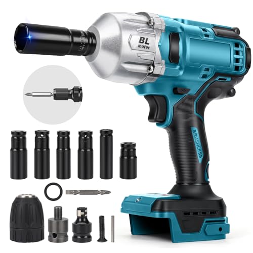 1000Nm Akku Schlagschrauber Kompatibel mit Makita 18V Lithium-Akku, 1/2 Zoll Bürstenloser Drehschlagschrauber Schraubenschlüssel mit 6 Stecknüsse (Ohne Akku) von Kistrba