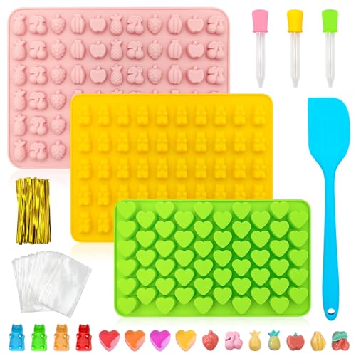 Kisvic 3 Stück Gummibärchen Form, Wiederverwendbare Antihaft Silikon Schokoladenform, Herz SüßIgkeiten Silikonform mit 3 Pipetten, Gummibärchen Selber Machen für Gelee, Schokolade von Kisvic