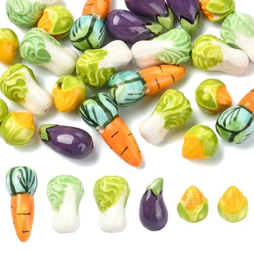 KitBeads 24 Stück 6 Stile Gemüse Porzellan Perlen Mini Lebensmittel Kohl Aubergine Karotte Perlen für Schmuckherstellung Armbänder Halsketten Handwerk von KitBeads