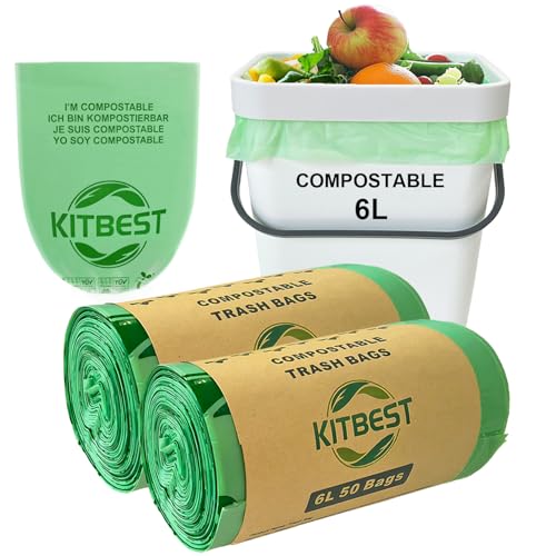 KITBEST 6L Kompostierbare Müllbeutel Biomüllbeutel, 100 Bio Müllbeutel Biologisch Abbaubare mit EN13432 Zertifizierung, Heimkompost Küchenbehälter Müllbeutel Lebensmittelabfallbeutel, Grün von Kitbest