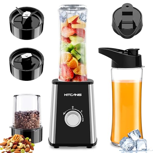 KITCANIS 3-in-1 Mixer Smoothie Maker, 800W Mini Standmixer Blender elektrisch, 3 einstellbare Geschwindigkeiten, 2 x 600 ml Tragbare Flasche und 300 ml Mahlbecher für Ice, Obst, Gemüse, Nüsse von Kitcanis
