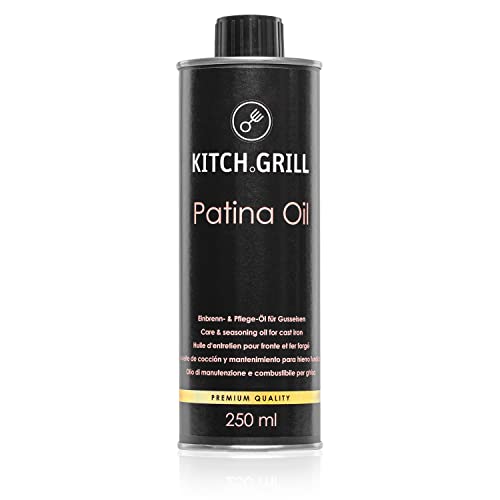 KitchGrill Einbrenn- und Pflegeöl |250 ml | Patinaöl für Gusseisenpfannen und - Töpfe, Grillroste, Grillplatten, Dutch Oven, etc. | Gusseisen, Schmiedeeisen, Einbrennöl, Pflegeöl von Kitch.Grill