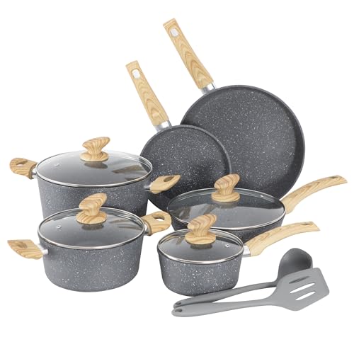 Kitchen Academy Topf und Pfannenset Topfset 12tlg Antihaft-Versiegelung Kochgeschirr Set mit Deckel, Töpfe und Pfannen set für Induktion, Gasherde und Mikrowelle, Grau von Kitchen Academy