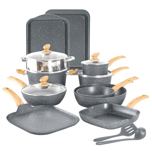 Kitchen Academy Topfset 17-teiliges Induktions-Kochgeschirr-Set mit Glasdeckeln und Granitbeschichtung inkl. Pfannen und Töpfe (grau 17 tlg) von KITCHEN ACADEMY BETTER LIVING THROUGH COOKING PERFECTION