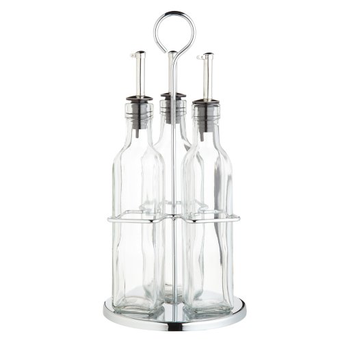 KitchenCraft World of Flavours, Öl- und Essigflaschen-Set mit Edelstahlgestell und abnehmbarem Korken, Ölspender, Olivenölflasche und Essigflasche aus Glas, 4er-Set von KitchenCraft