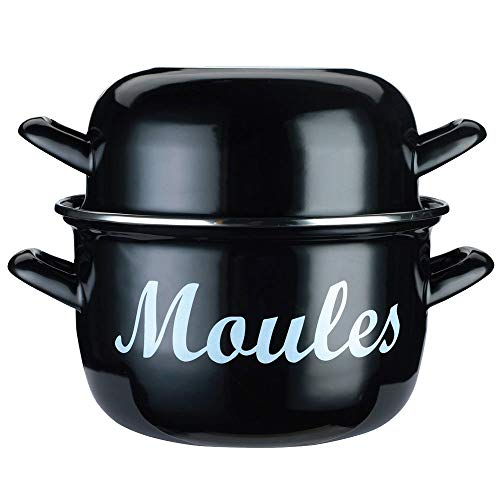 KitchenCraft World of Flavours Mediterraner Muscheltopf, Emaille Kochtopf,“Moules“ Aufschrift, Schwarz, Groß, 25 cm von KitchenCraft