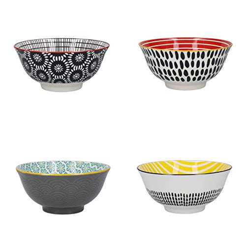 KitchenCraft Gemustertes Müslischalen-Set in Geschenkbox, 4 Keramikschalen, ideal für Eis, Suppe und mehr, 'Monochrome' Designs, 15cm von KitchenCraft