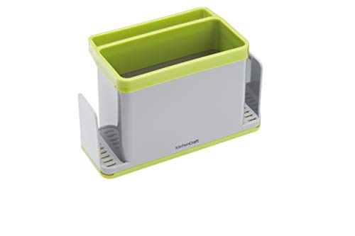 KitchenCraft Spülutensilien-Behälter, für Schwämme, Lappen, Spülmittel, aus Kunststoff, Grau-Grün, mehrere Fächer, Abtropfschale, 12 cm x 19,5 cm x 9 cm von KitchenCraft