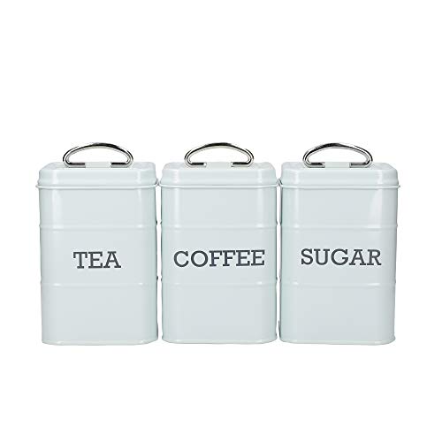 KitchenCraft Living Nostalgia 3 -er Set Vorratsdosen für Tee, Zucker und Kaffee, in Geschenkbox, Stahl, Vintage Blue, 11 cm x 11 cm x 17 cm von KitchenCraft