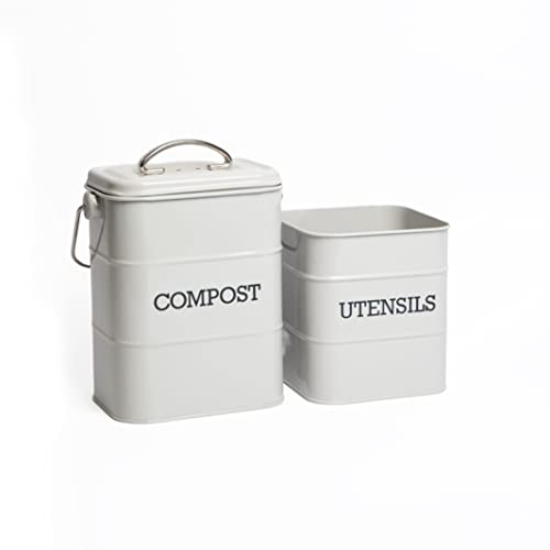 KitchenCraft Living Nostalgia Set aus Küchen Kompostbehälter, Metall, 16,5 x 12 x 24 cm, Grau + KitchenCraft Living Nostalgia Utensilien Dose, Grau, 14,5 x 16 cm von Kitchen Craft