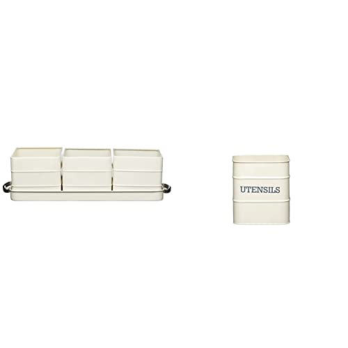 KitchenCraft Living Nostalgie Indoor Metallkräutertöpfe und Tablettset & KitchenCraft Living Nostalgia Metall Küchengerätehalter, Küchenvorratsbehälter Gefäß für Holzlöffel, 15 x 16 cm – Antique Cream von Kitchen Craft