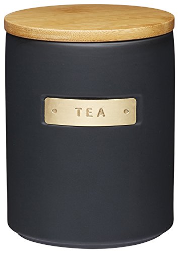 MasterClass Teebehälter, Keramikbehälter mit Messing-Etiketten, fasst 1 Liter, 11,1 x 11,1 x 14,5 cm, schwarz, 1 Set von Master Class