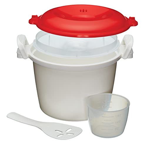 KitchenCraft Reiskocher - Mikrowellen-Dampfgarer, BPA-freier Kunststoff, 1,5 Liter, weiß/rot von Microwave