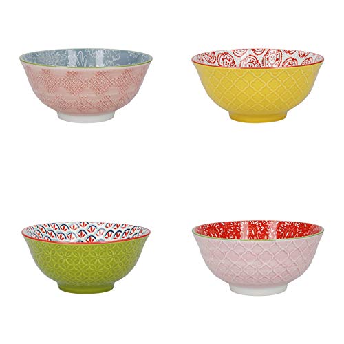 KitchenCraft Gemusterte Müslischale 4er Set in Geschenkbox, Keramikschalen ideal für Eis, Suppe und mehr, 'Brights' Designs, 15cm von KitchenCraft