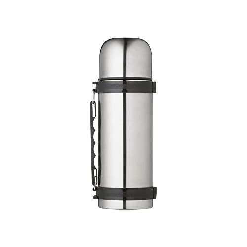 MasterClass Thermoskanne, doppelwandige Edelstahlkanne, Deckel mit Ausguss, klappbarer Griff, mit Gurt für Transport, 1 Liter, Silber von Master Class