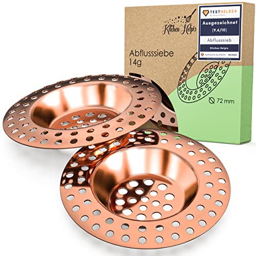 Kitchen Helpis® 2X Abflusssieb kupferfarben für ALLE ABFLÜSSE geeignet, extra schwer -14g-, kein Hochschwemmen, aus rostfreiem SS304 Edelstahl, schnell ablaufend, Sieb für Spülbecken oder Haarsieb von Kitchen Helpis