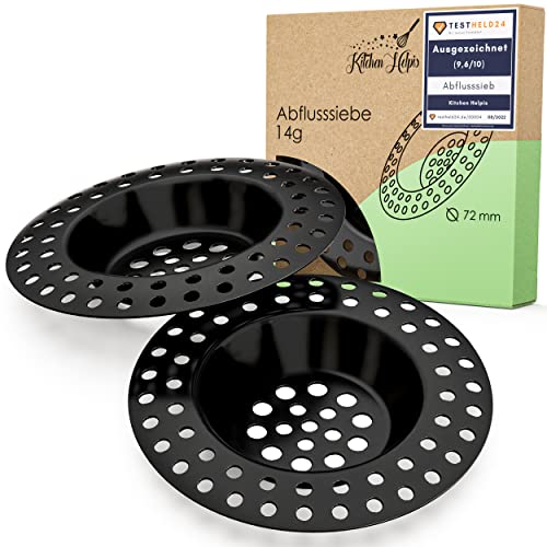 Kitchen Helpis® 2X Abflusssieb schwarz für ALLE ABFLÜSSE geeignet, extra schwer -14g-, kein Hochschwemmen, aus rostfreiem SS304 Edelstahl, schnell ablaufend, Sieb für Spülbecken oder Haarsieb von Kitchen Helpis