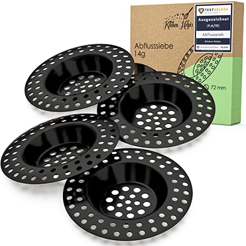 Kitchen Helpis® 4X Abflusssieb schwarz für ALLE ABFLÜSSE geeignet, extra schwer -14g-, kein Hochschwemmen, aus rostfreiem SS304 Edelstahl, schnell ablaufend, Sieb für Spülbecken oder Haarsieb von Kitchen Helpis