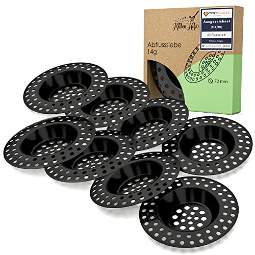 Kitchen Helpis® 8X Abflusssieb schwarz für ALLE ABFLÜSSE geeignet, extra schwer -14g-, kein Hochschwemmen, aus rostfreiem SS304 Edelstahl, schnell ablaufend, Sieb für Spülbecken oder Haarsieb von Kitchen Helpis
