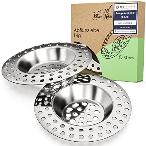 Kitchen Helpis® 2X Abflusssieb ALLE ABFLÜSSE 14g, Haarsieb Dusche rostfreier Edelstahl, Abflussieb Dusche schnell ablaufend, Haarsieb verhindert wegschwemmen, Sieb für Spülbecken einfach zu reinigen von Kitchen Helpis