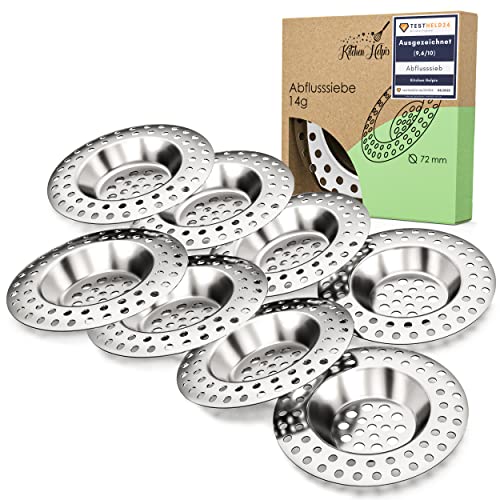 Kitchen Helpis® 8X Abflusssieb für ALLE ABFLÜSSE geeignet, extra schwer -14g-, kein Hochschwemmen, aus rostfreiem SS304 Edelstahl, schnell ablaufend, Sieb für Spülbecken oder Haarsieb für Dusche von Kitchen Helpis