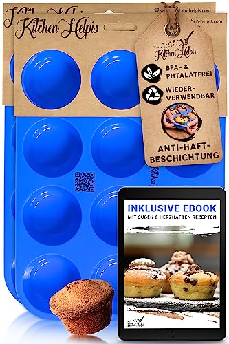 Kitchen Helpis® 2 Stück 12er Silikon Muffinform BPA-frei, antihaftbeschichtetes Muffinblech, Muffinform Silikon BONUS Rezeptbuch, Muffins Backform spülmaschinenfest, Muffin Form, Muffin Backform von Kitchen Helpis