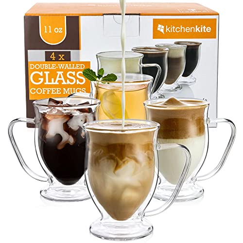 Doppelwandige Kaffeetassen aus Glas, 325 ml, transparent, 4 Stück, spülmaschinen- und mikrowellengeeignet, isoliert und doppelwandig Ideal als Teetassen, Cappuccino, heiße und kalte Getränke von Kitchen Kite