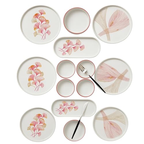 Kitchen Life 14-teiliges Frühstücksset für 6 Personen – Karo Stackable Serie aus Kütahya Keramik – Handgefertigtes, hochglänzendes & stapelbares Keramikgeschirr (Pink) von Kitchen Life