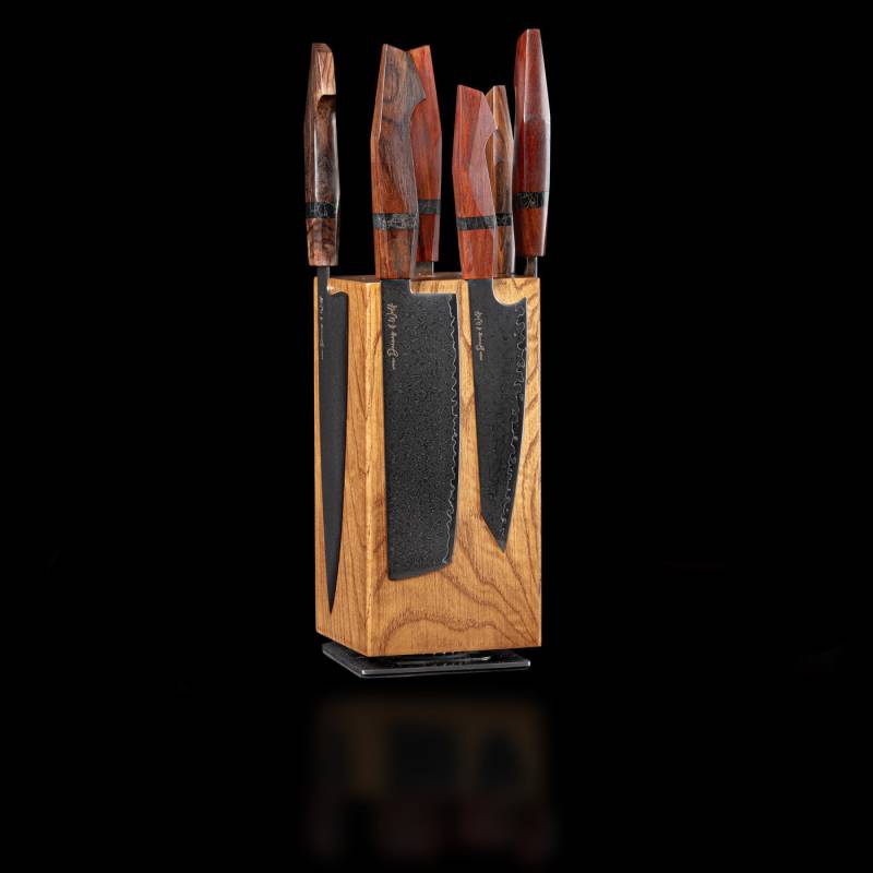 Damast Messerset 6-teilig mit Sandelholzgriffen und magnetischem Messserhalter – VG10 Kern, handgeschliffen | Kitchen Luxe von Kitchen Luxe