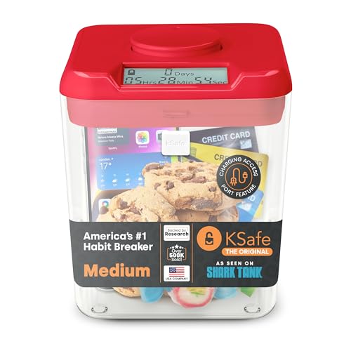Kitchen Safe mit Zeitschloss-Container (Medium), Zeitschloss-Box für Handys, Snacks und andere unerwünschte Versuchungen (roter Deckel + 13.97cm klarer Behälter) von Kitchen Safe