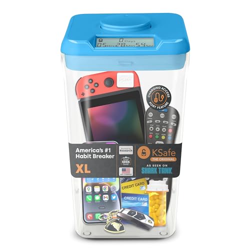 Kitchen Safe mit Zeitschloss-Container (XL), Zeitschloss-Box für Handys, Snacks und andere unerwünschte Versuchungen (blauer Deckel + 26.4cm klarer Behälter mit Zugangsöffnung) von Kitchen Safe