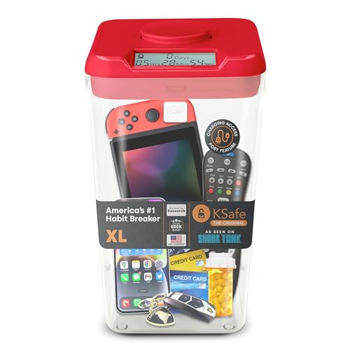 Kitchen Safe mit Zeitschloss-Container (XL), Zeitschloss-Box für Handys, Snacks und andere unerwünschte Versuchungen (roter Deckel + 26.4cm klarer Behälter mit Zugangsöffnung) von Kitchen Safe