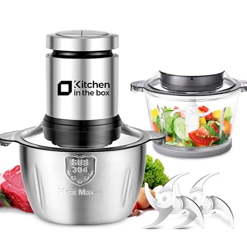 Kitchen in the Box Zerkleinerer Küche Elektrisch 400W Multizerkleinerer, fleischwolf mit 2 Schüsseln (1L Glasschüssel+2L Stahlschüssel) und 2 Bi-Level Klingen, Zerkleinerer für Gemüse,Zwiebeln,Fleisch von Kitchen in the box