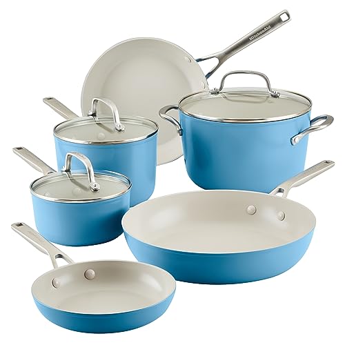 KitchenAid 84836 Harteloxierte Keramik Antihaft-Kochgeschirr Töpfe und Pfannen Set, Aluminium, Blauer Samt von KitchenAid