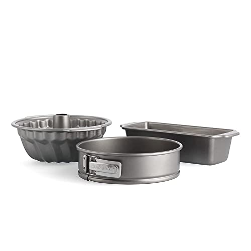 KitchenAid Aluminized Steel 3-teiliges Backformen-Set, 24cm Springform, 24cm Gugelhupfform, 27cm x 11cm Kastenform, PFAS-freie Antihaftbeschichtung, backofenfest, spülmaschinenfest, grau von KitchenAid