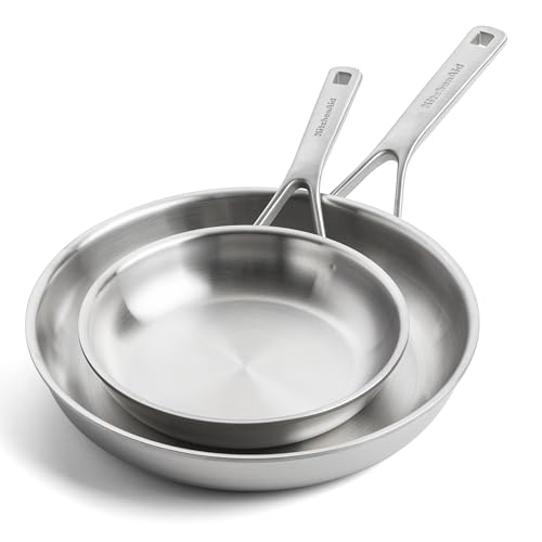 KitchenAid MultiPly Stainless Steel PFAS-freies Keramik-Antihaft-Pfannenset aus Edelstahl, 2-teilig, 20 cm und 28 cm, Triply, Mehrschichtig, Induktion, Backofenfest bis 220°C,Spülmaschinenfest,Silber von KitchenAid