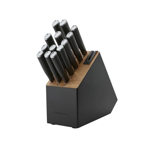 KitchenAid Classic Slim Messerblock Set mit eingebautem Messerschärfer, High Carbon Edelstahl Küchenmesser, Scharfes Küchenmesser Set mit Block, Schwarz, 14-teilig von KitchenAid