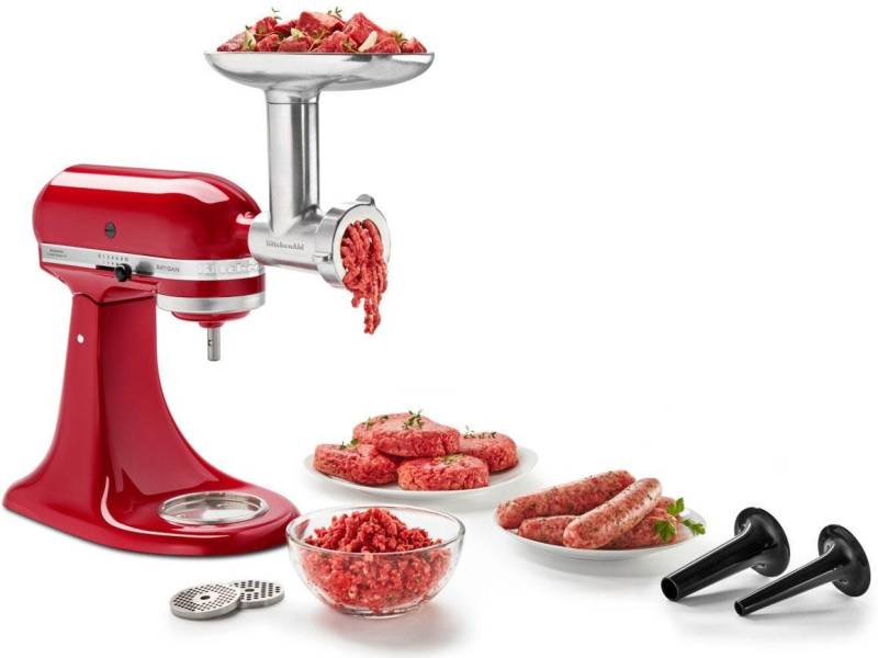 KitchenAid Fleischwolfaufsatz mit Wurstfüller 5KSMMGA, Zubehör für KitchenAid-Küchenmaschine: Mini 3,3 Liter 5KSM3311X - Classic 4,3 Liter 5K45SS - Ultra Power 4,3 Liter KSM90 - Artisan 4,8 Liter: KSM125, KSM150, 5KSM156, 5KSM175PS, 5KSM185PS. Artisan 6,9 Liter 5KSM7580X - Heavy Duty 4,8 Liter 5KPM5 - Heavy Duty 6,9 Liter 5KSM7591X, aus Ganzmetall von KitchenAid