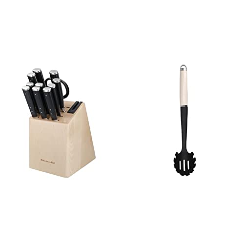 KitchenAid Gourmet 11-Piece Japanese Steel Knife Set with Sharpener and Birchwood Block & Pasta-Servierlöffel, Hitzeresistent, Antihaftbeschichtung, Spaghettilöffel – Almond Creme von KitchenAid