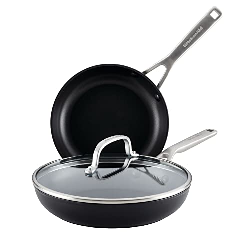 KitchenAid Harteloxiertes Induktions-Bratpfannen-Set mit Deckel, 3-teilig, 20,3 cm und 25,4 cm, langlebig, gleichmäßiges Erhitzen, spülmaschinen- und ofenfest, leicht zu reinigen, mattschwarz von KitchenAid