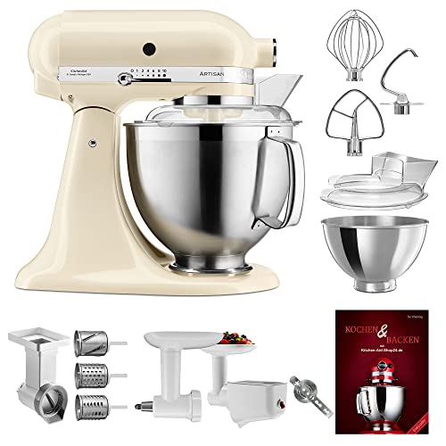 KitchenAid Küchenmaschine Artisan - P22 Multi Set Deluxe 185er (AK) - 5KSM185PSEAC inkl. Gemüseschneider (MVSA), Fleischwolf (5KSMFGA), Pürieraufsatz (5KSMFVSP) und Kochbuch (Kochen & Backen) von KitchenAid