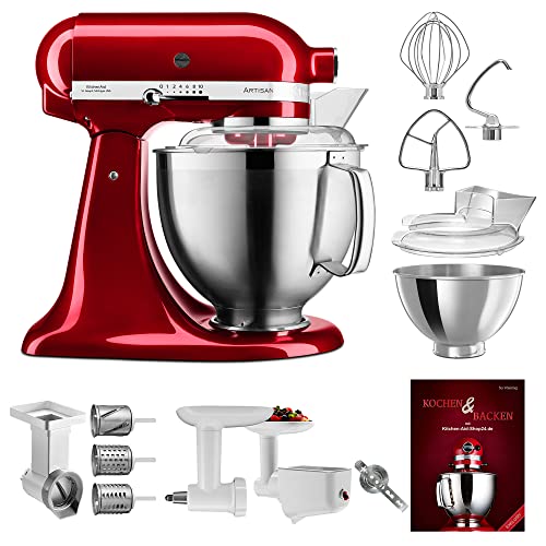 KitchenAid Küchenmaschine Artisan - P22 Multi Set Deluxe 185er (AK) - 5KSM185PSECA inkl. Gemüseschneider (MVSA), Fleischwolf (5KSMMGA), Pürieraufsatz (5KSMFVSP) und Kochbuch (Kochen & Backen) von KitchenAid