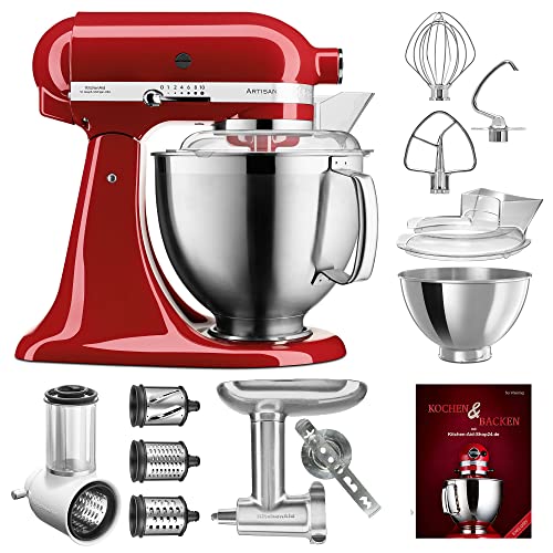 KitchenAid Küchenmaschine Artisan - P23 Vario Set Deluxe 185er (NM) - 5KSM185PSEER inkl. Gemüseschneider (5KSMVSA), Fleischwolf Ganzmetall (5KSMMGA) und Kochbuch (Kochen & Backen) von KitchenAid